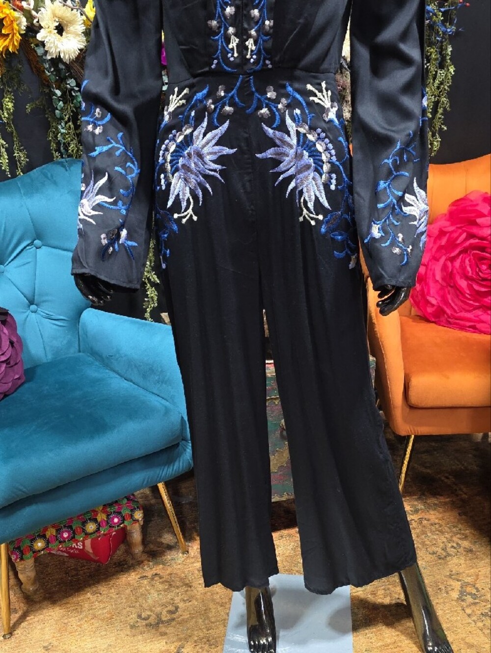 Free People Black Jumpsuit with Blue Floral Embroidery - Picture 8 of 15